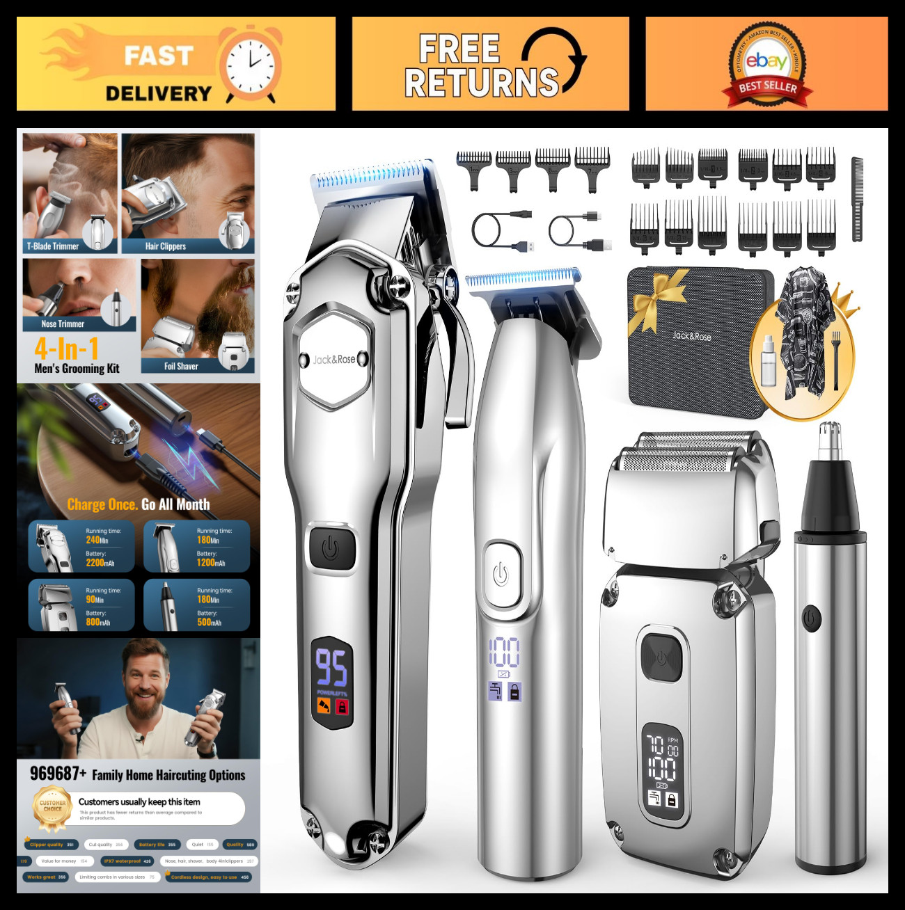 Professional Cordless Hair Clippers Set for Men – 4 in 1 Trimmer with LED Displa