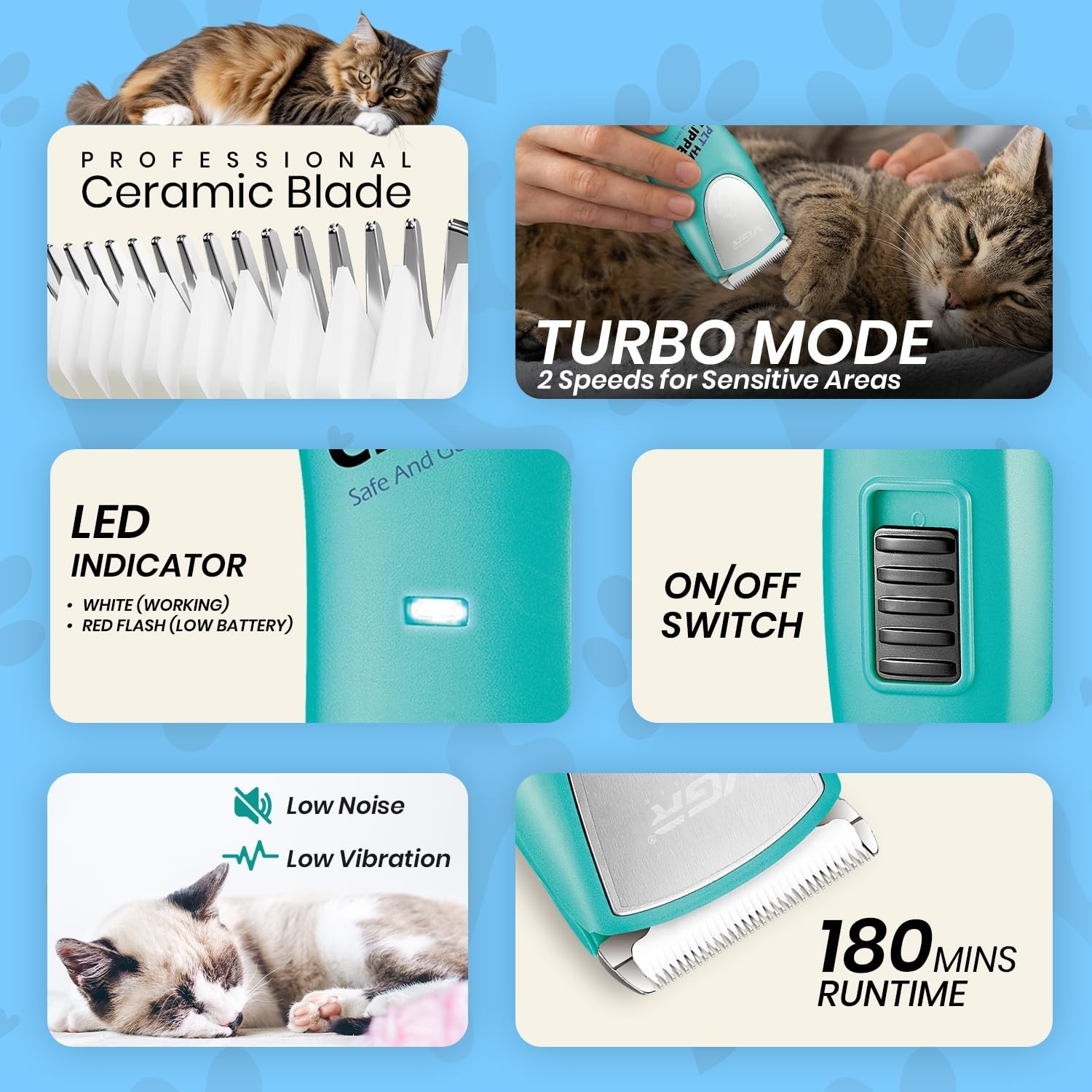 VGR V-216 Professional Pet Hair Clipper Dogs Cats Ceramic Blades 180Min Runtime