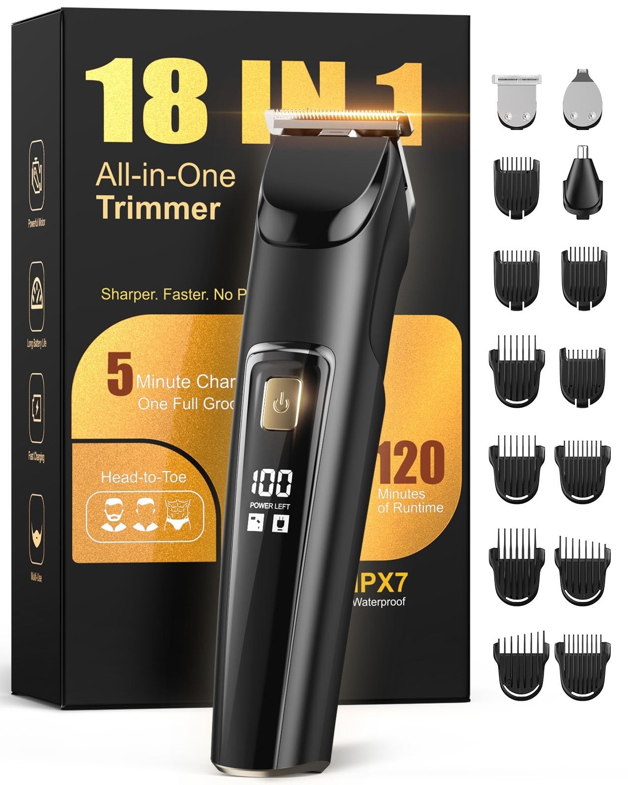Cordless 18-in-1 Beard Trimmer & Hair Clipper Kit, Waterproof Grooming Set, Rech
