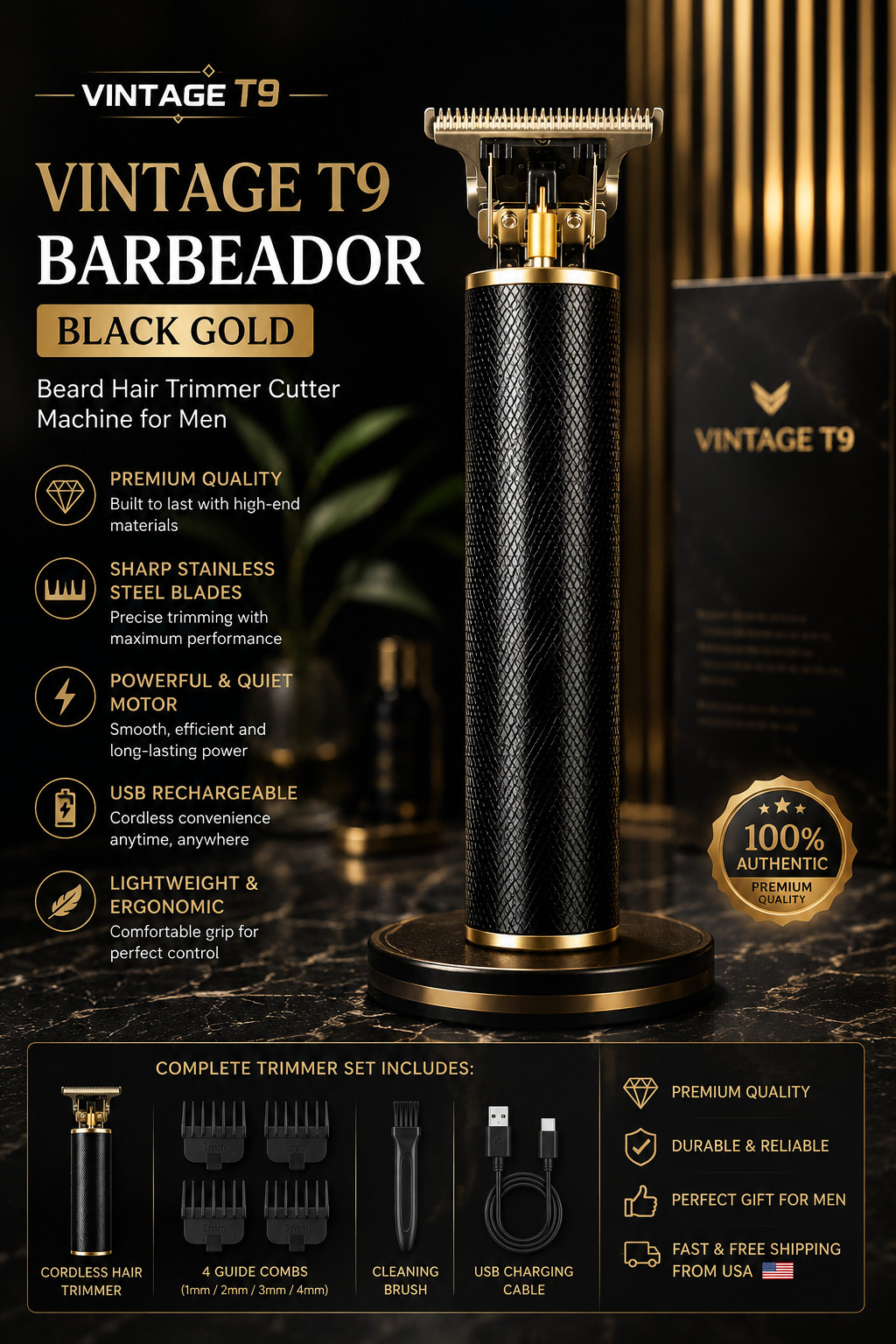Vintage T9 Barbeador Black Gold Beard Hair Trimmer Cutter Machine for Men