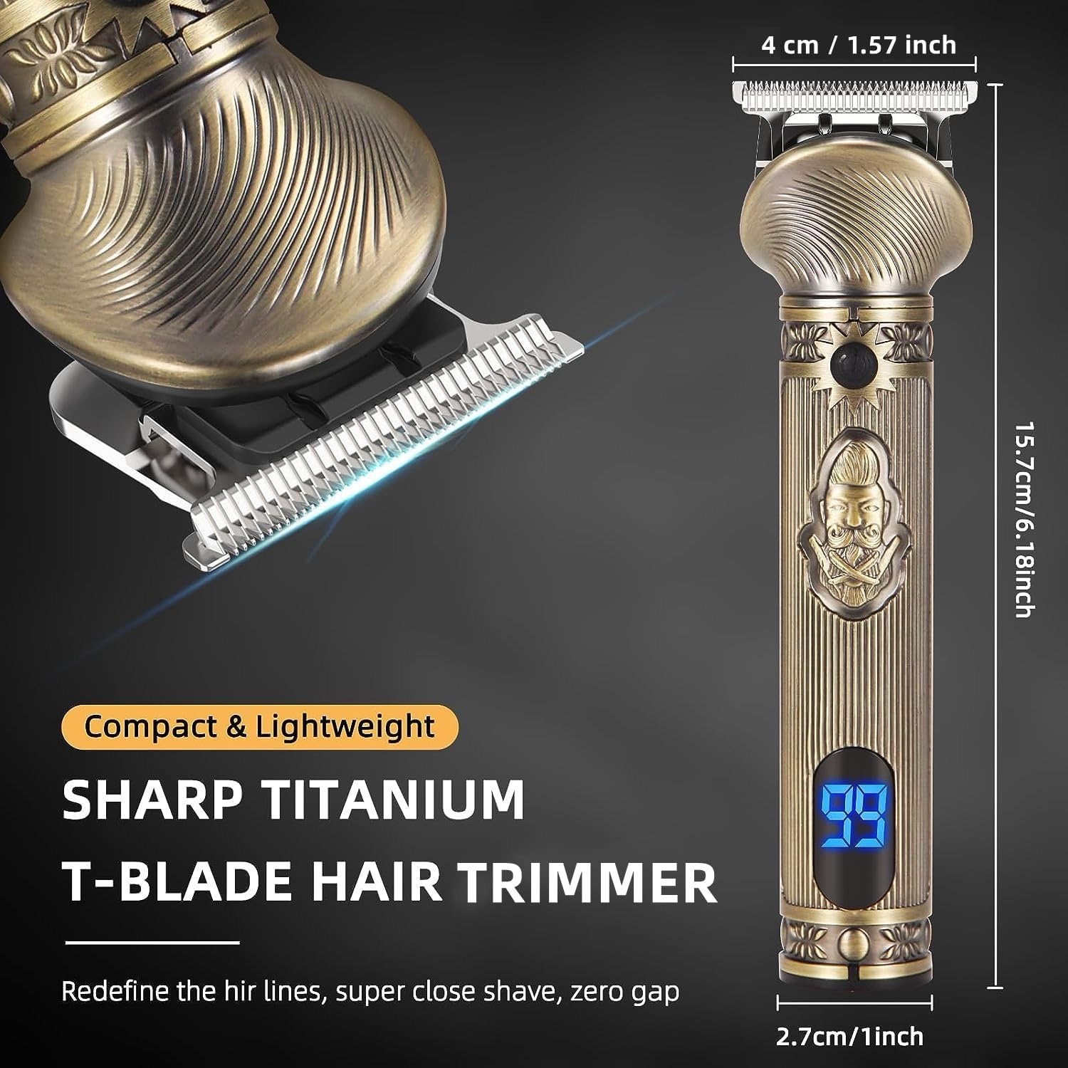Cordless 6-in-1 T-Blade Trimmer Gold Black USB Charging 1.5mm-9mm Guards