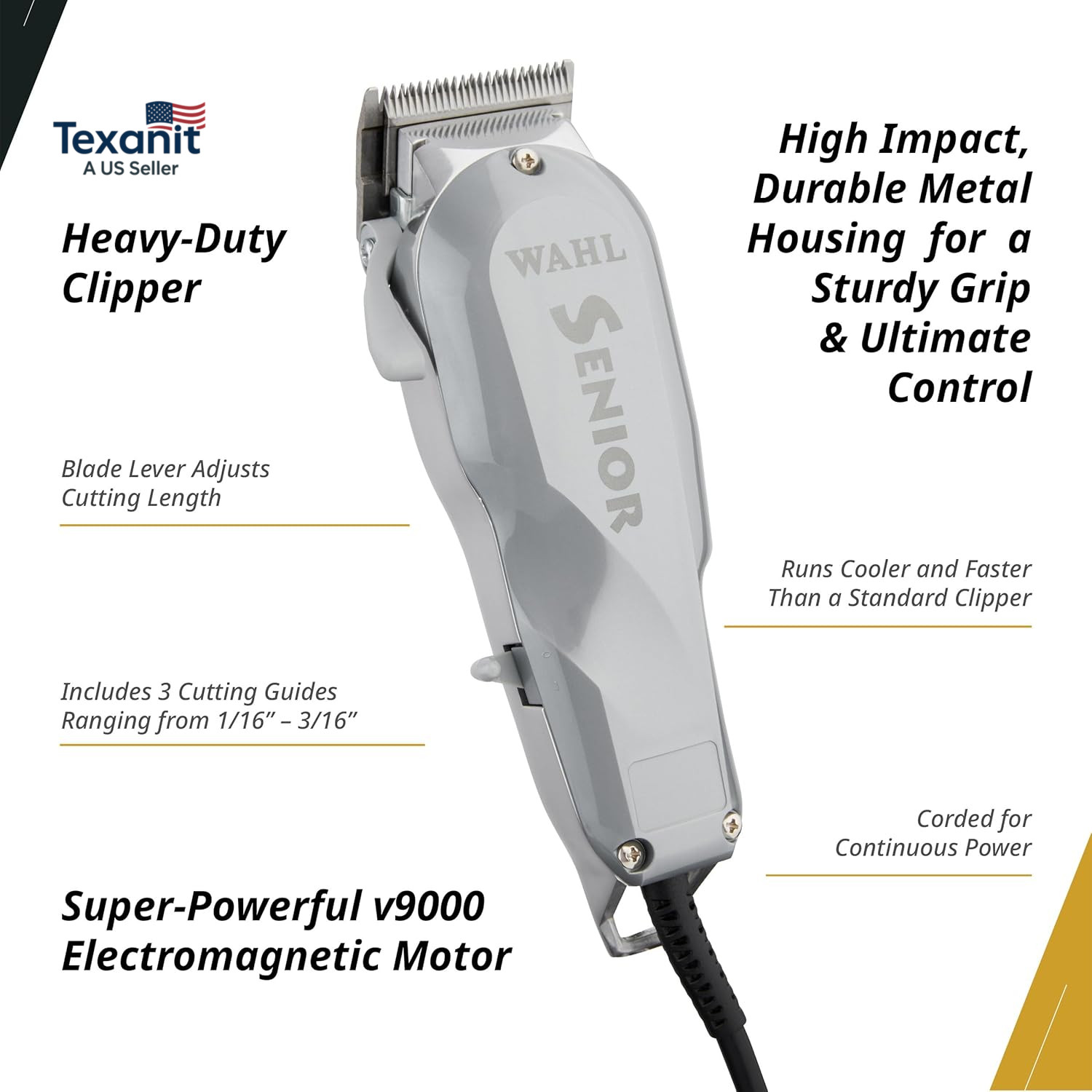 Senior Clipper, V9000 Motor, Corded Heavy-Duty Design for Tapering, Fading, and