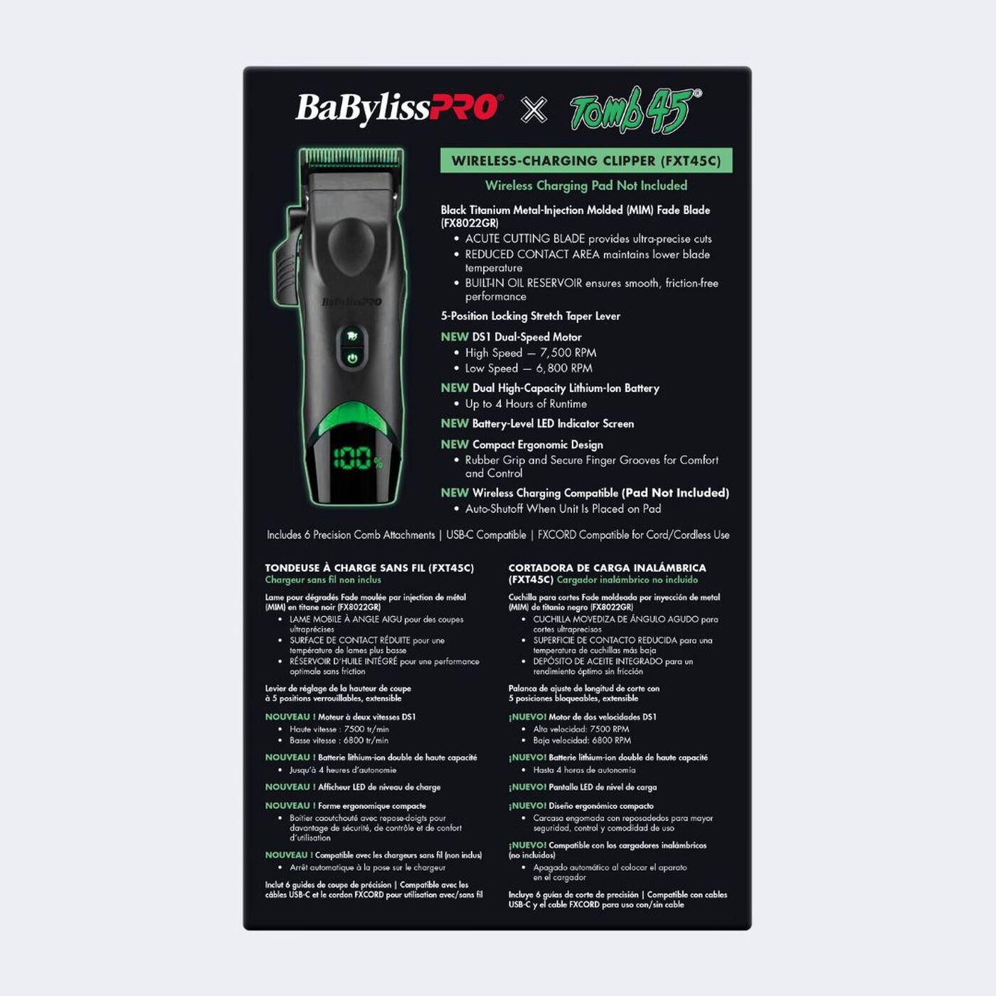 Babyliss Pro X Tomb45 Black Green Wireless Charging Clipper Trimmer +2 Pads