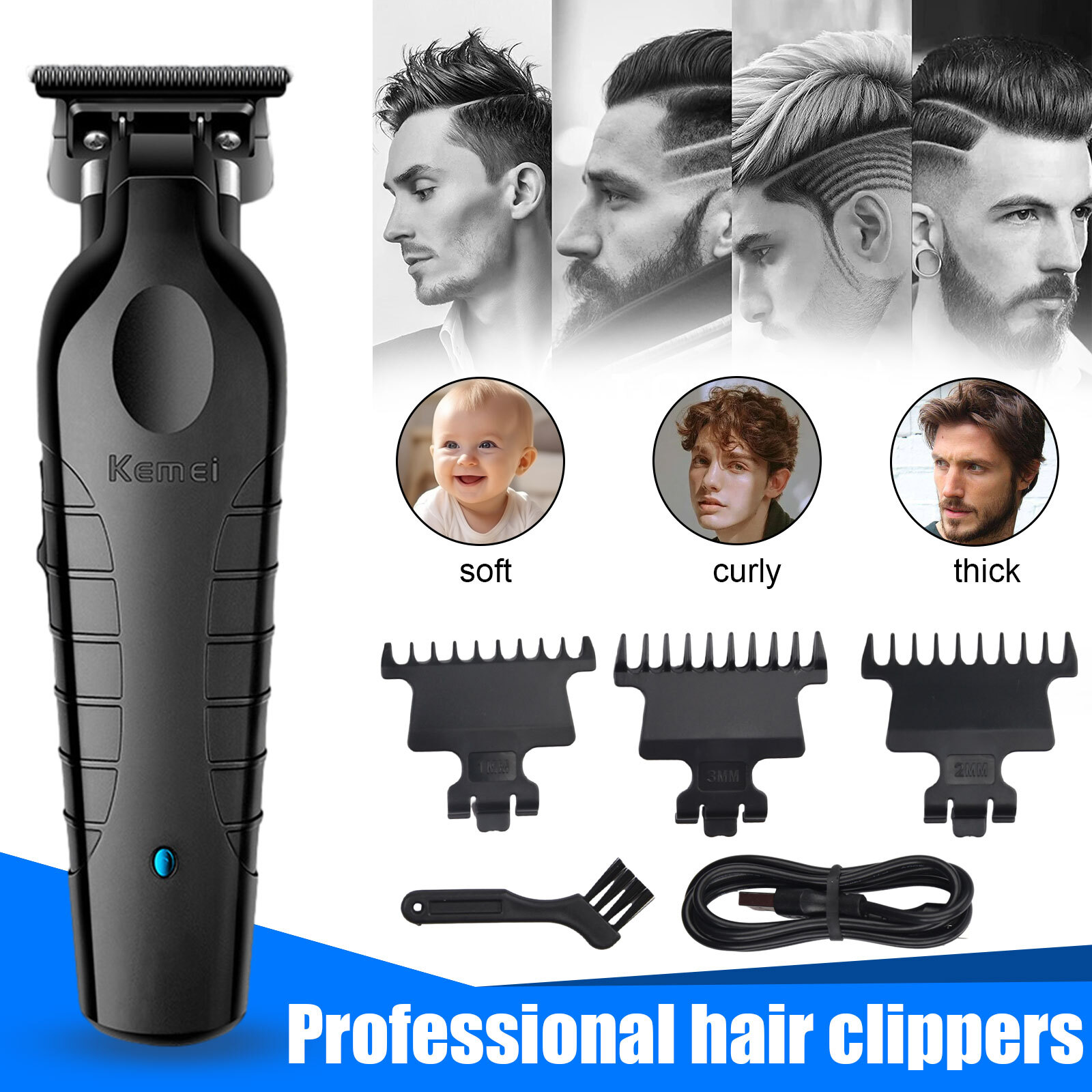 Kemei Electric Hair Clipper Barber Cordless Hair Trimmer 0mm Zero Gapped Carving