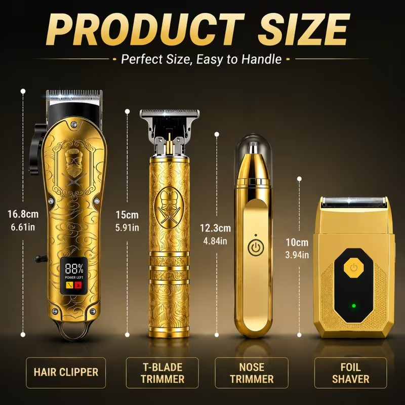 4in1 Professional Gold Barber Hair Clipper T-Blade Trimmer Foil Shaver Nose Kit