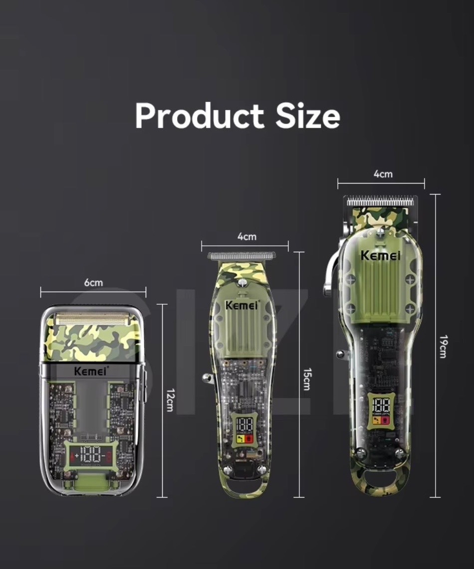 KEMEI professional hair clippers set for men, 17 in 1, transparent camo color