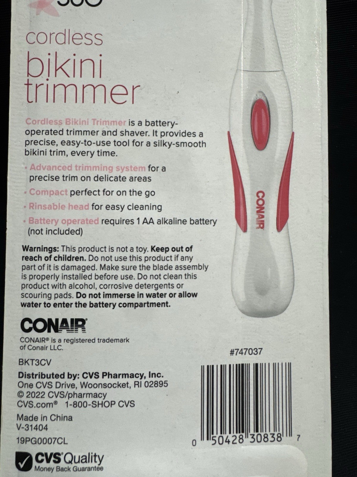 conair beauty 360 cordless bikini trimmer creased packaging