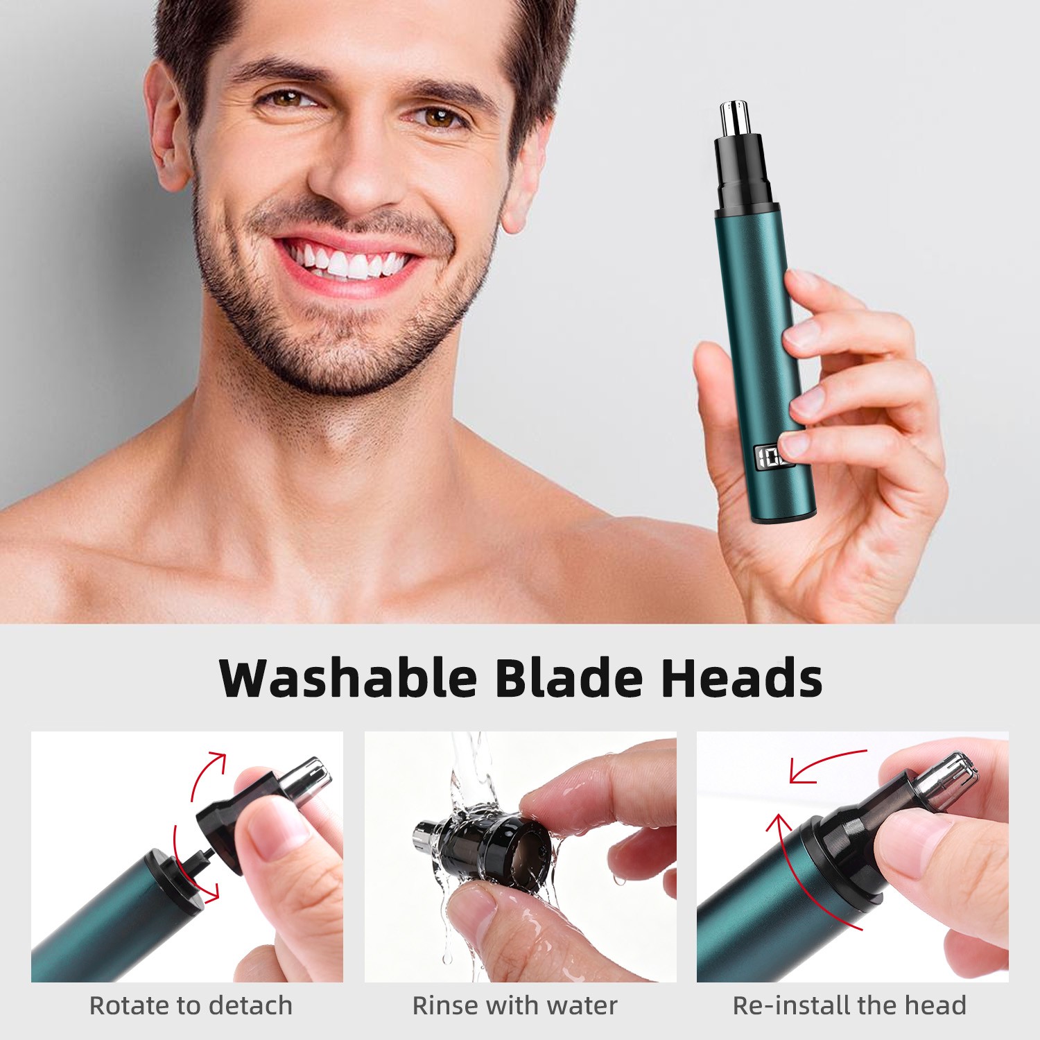Digital Display Nose Trimmer, Washable Cutter Head, USB Charging, Men’s Grooming