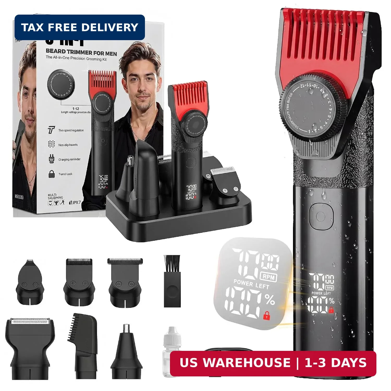 Beard Trimmer for Men, 6-in-1 Men’s Grooming Kit,IPX7 Waterproof Wet/Dry, 2-Spee