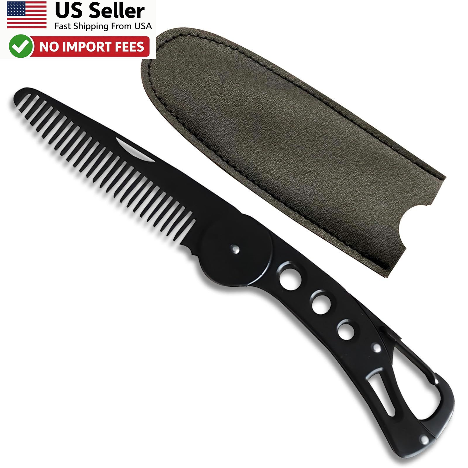 Stainless Steel Folding Beard Comb Portable Anti Static w Leather Case FROM USA