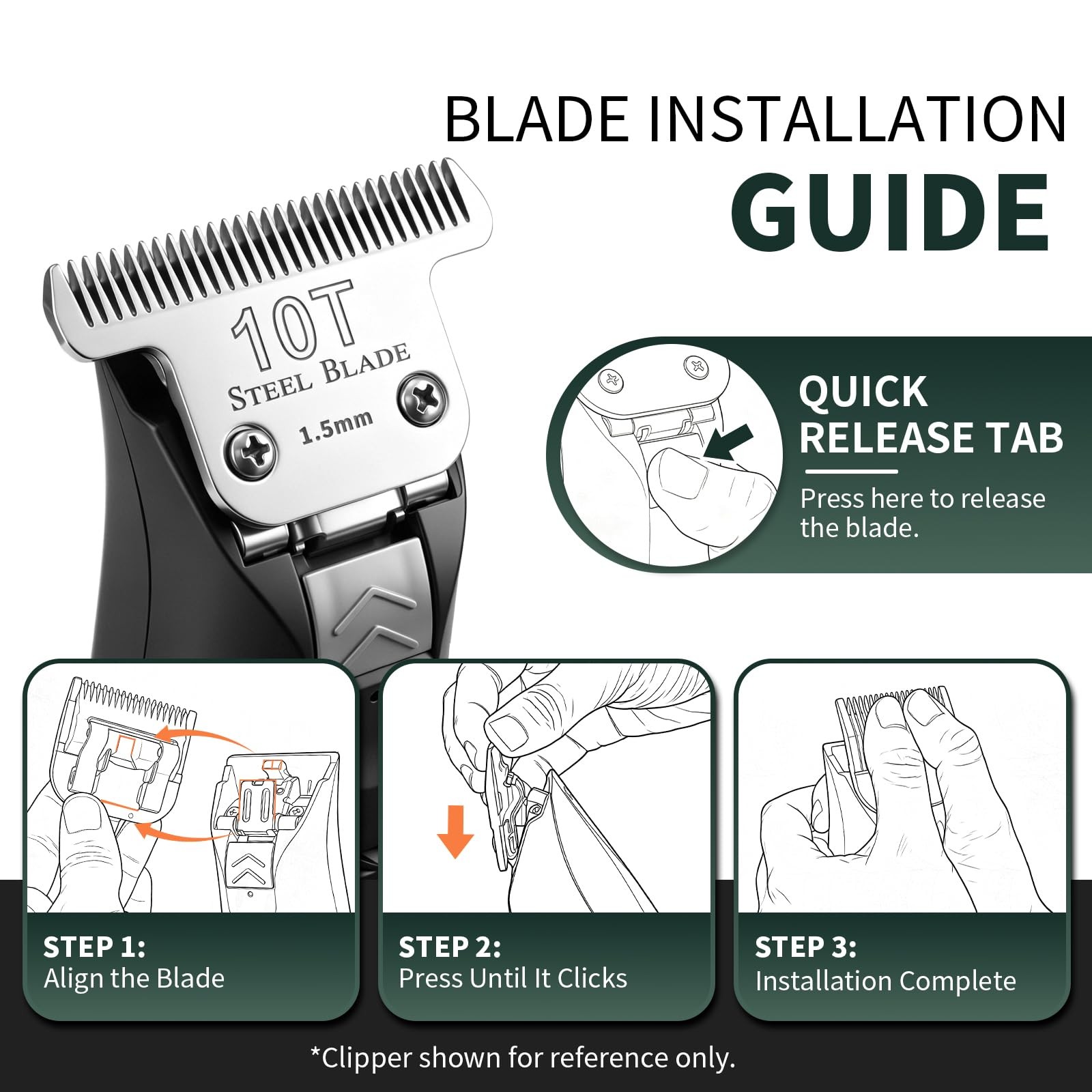 10T Clipper Blade 1.5mm Compatible with Oster Classic 76, Silver, 1 Pack