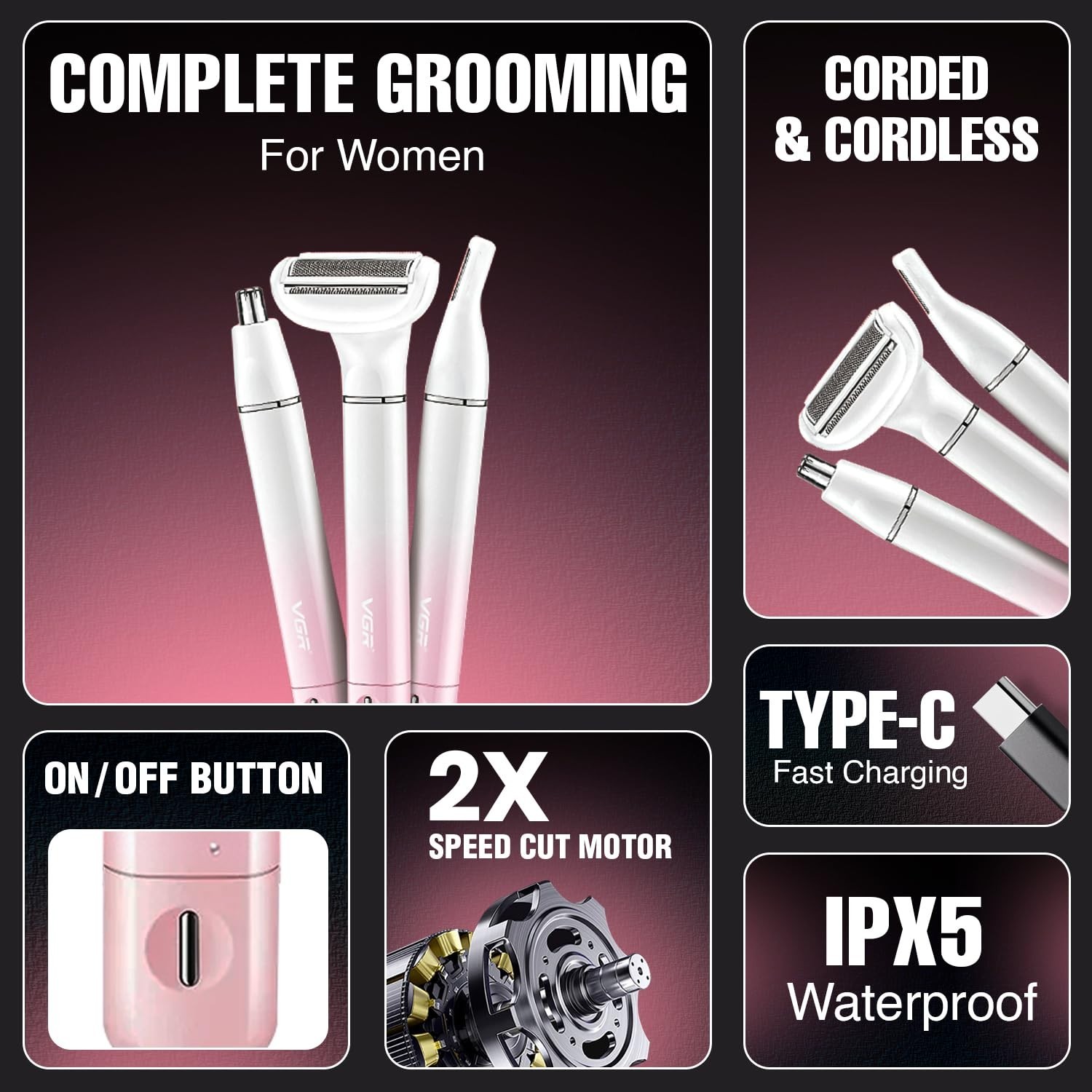 VGR V-611 Bikini Trimmer for Women, Safe Grooming, Type-C Charging, Waterproof