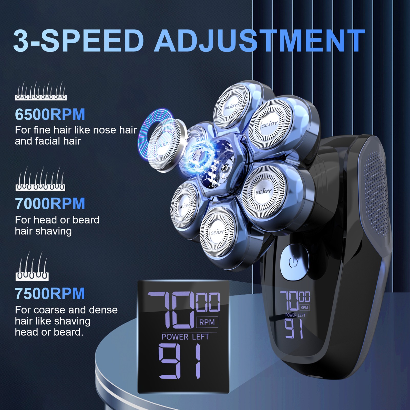 SEJOY 5-in-1 Rotary Electric Shaver 7D Rechargeable Bald Head Razor Hair Trimmer