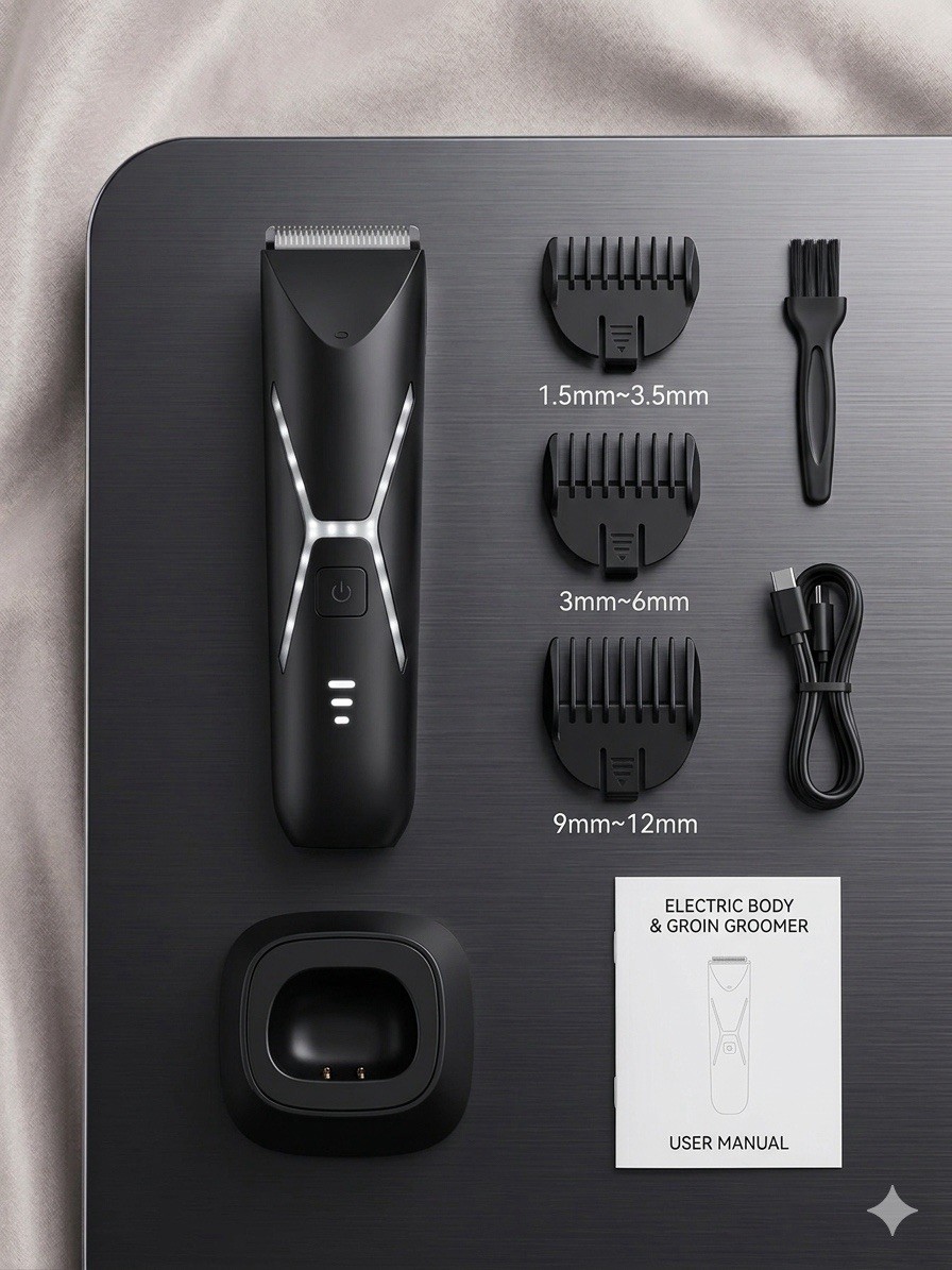 Cordless Electric Body & Groin Trimmer, USB Rechargeable, Black, 1.5-12mm