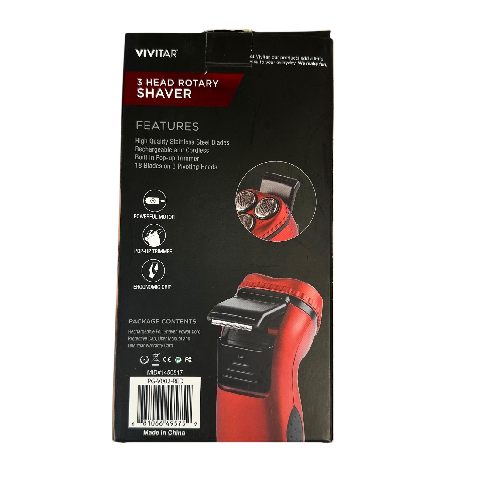 Vivitar 3 Head Rotary Shaver 18 Blades on 3 Pivoting Heads Cordless Rechargeable