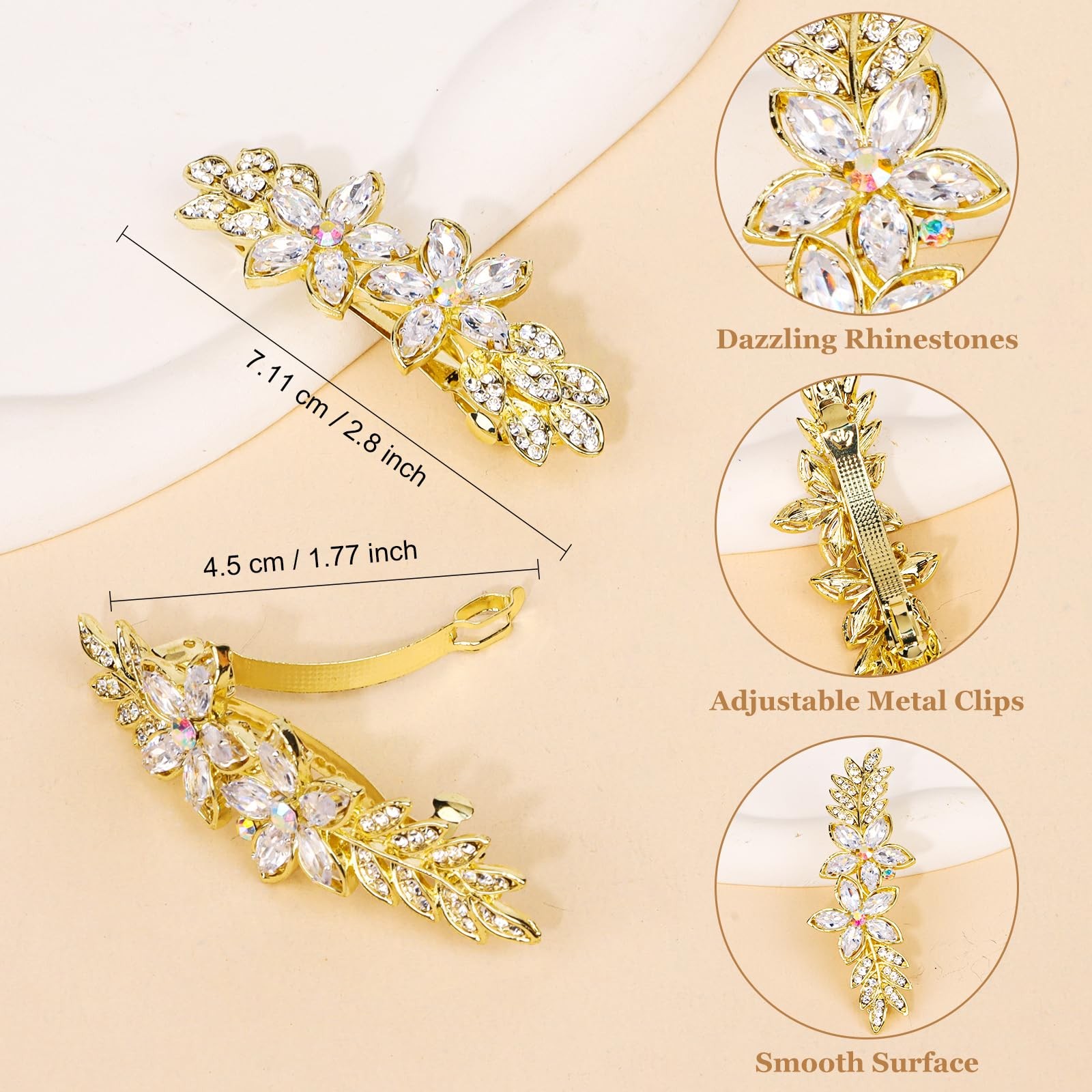 AMCAMI 2PCS Gold Hair Clips，Rhinestone Barrettes For Women， multicolored