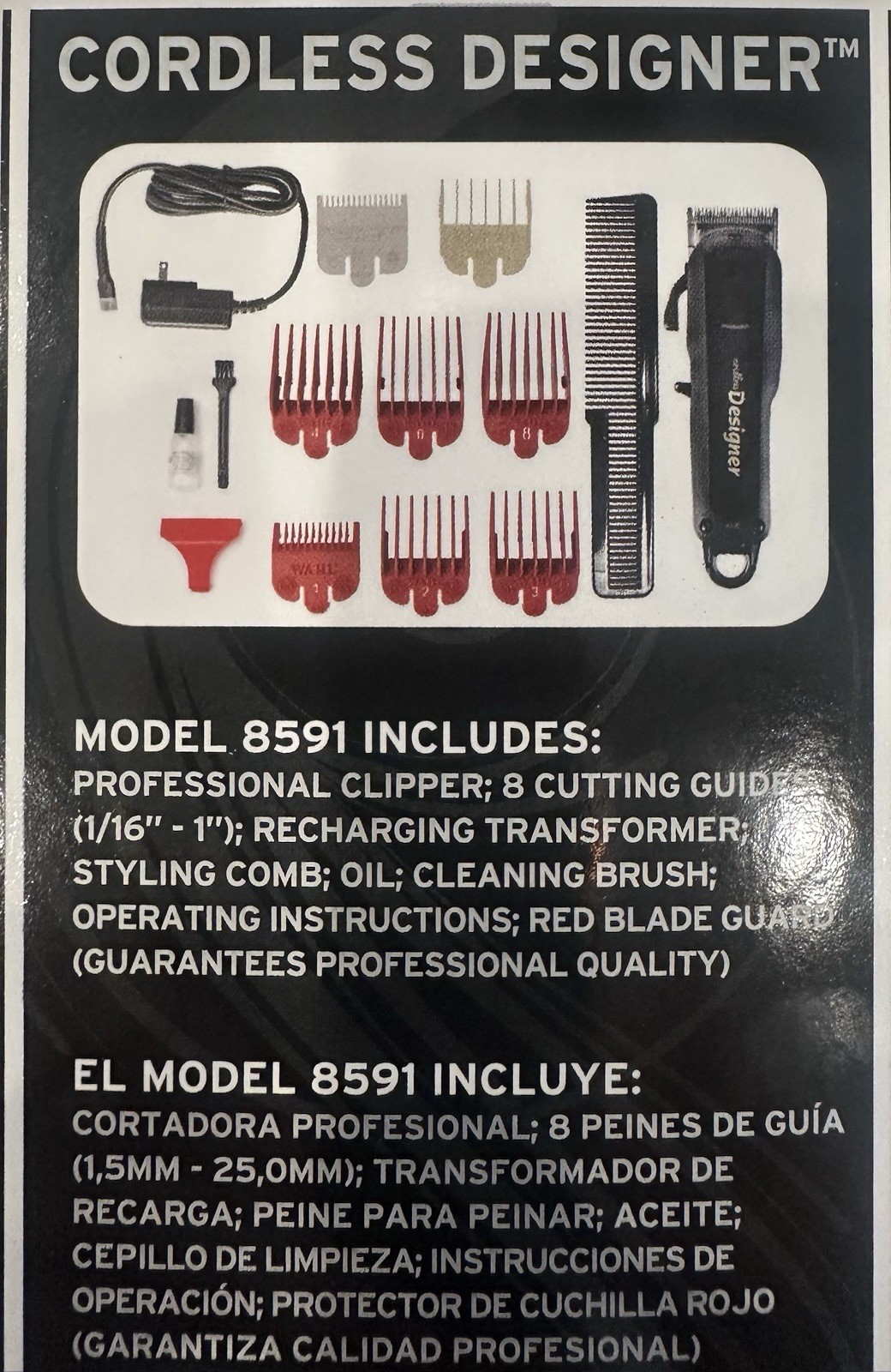 Wahl Cordless Designer Clipper Black 90 Minutes Run Time Includes 4 Guides 8591
