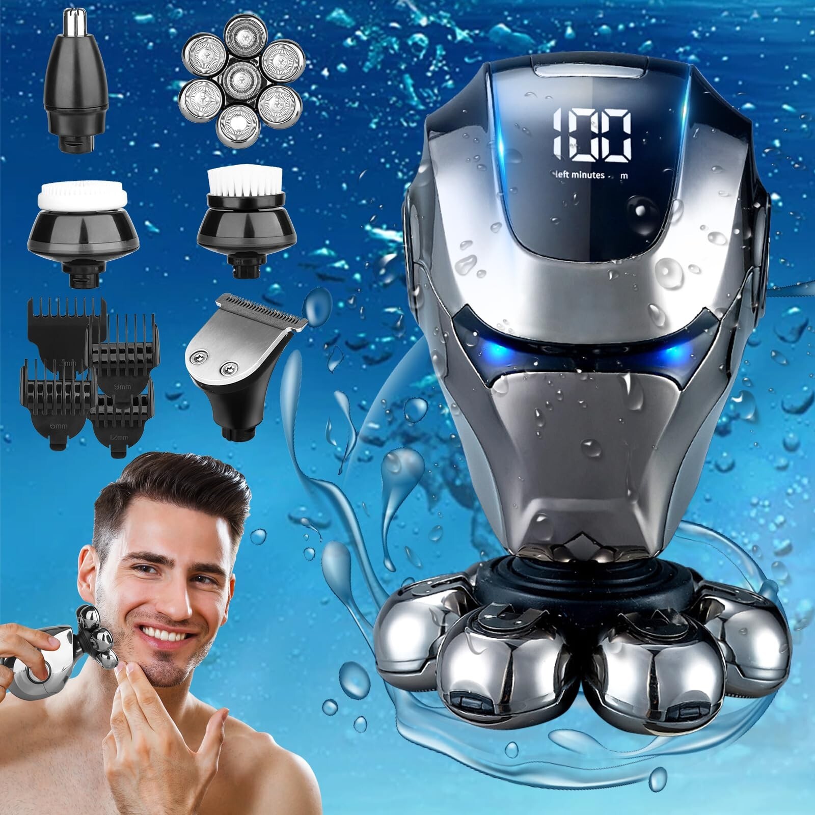 7D Cordless Shaver Hair Trimmer Men’s 5-in-1 Electric Head Shaver Razor Men Wet