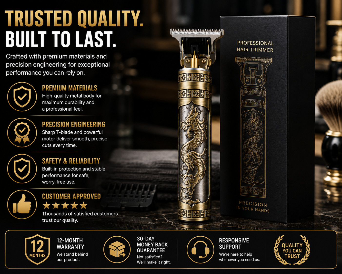 Vintage T9 Dragon Hair Trimmer Cordless T-Blade Beard Clipper USB Rechargeable