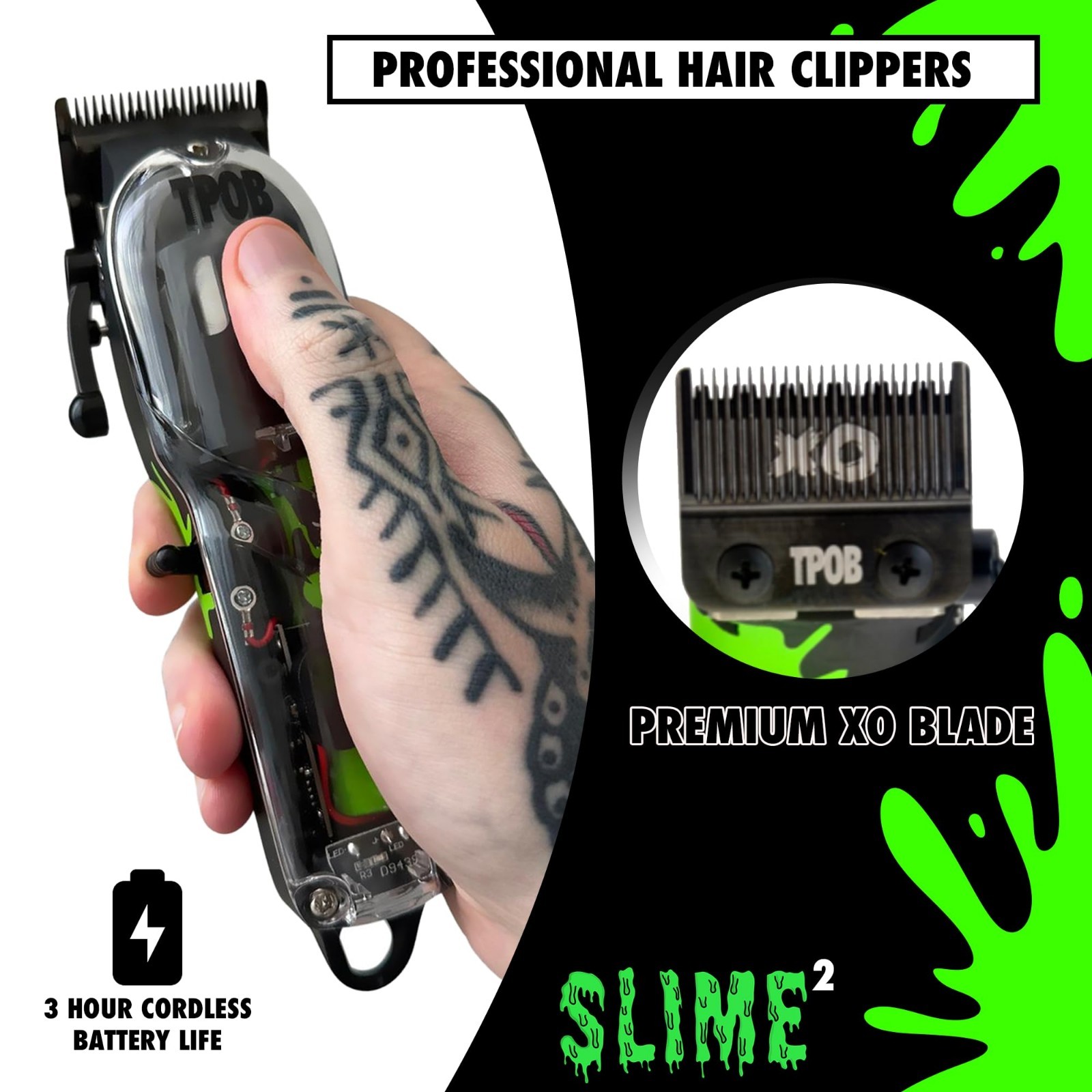Professional Hair Clippers Set – TPOB Slime 2, Black with Colorful Splatts, Salo