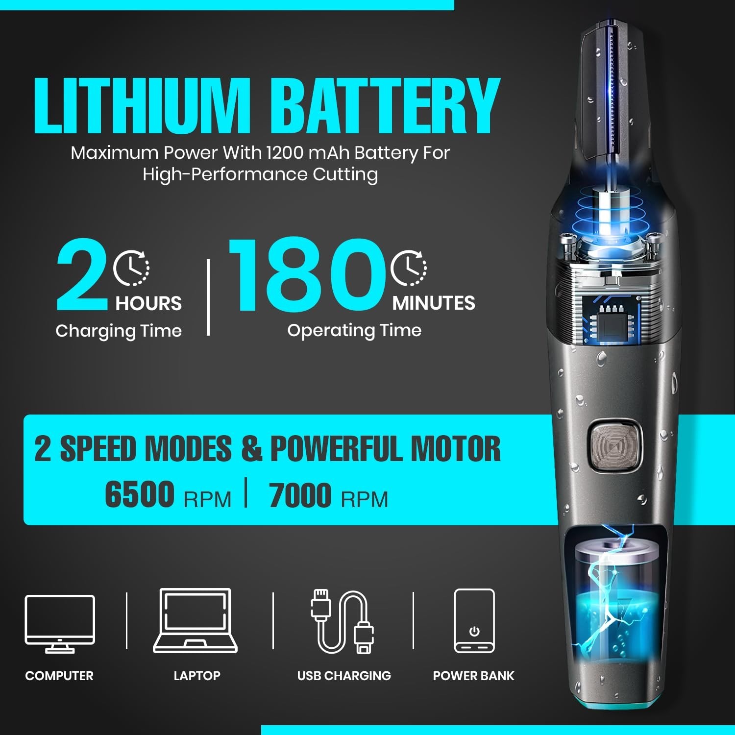 VGR V-603 waterproof trimmer with Type-C charging, LED display, dual-speed