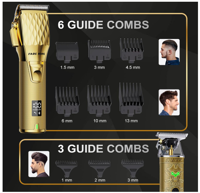 FADEKING® Cordless Hair Clippers for Men, LCD Display, Barber Kit (Gold+Bronze)
