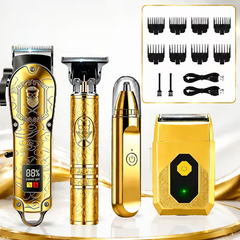 4in1 Professional Gold Barber Hair Clipper T-Blade Trimmer Foil Shaver Nose Kit