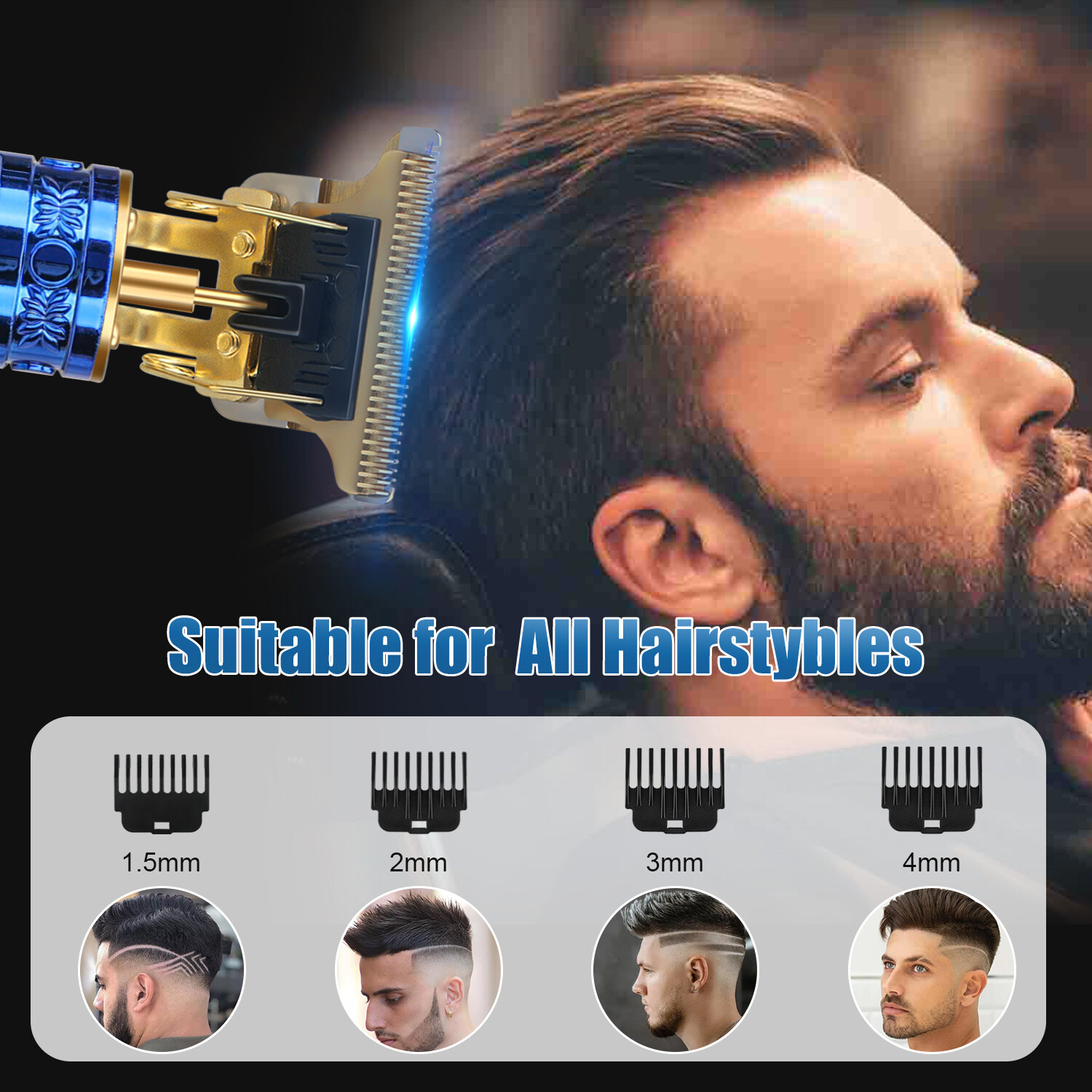 Men’s Hair & Beard Trimmer – Cordless Pro Clippers with 4 Guide Combs Included
