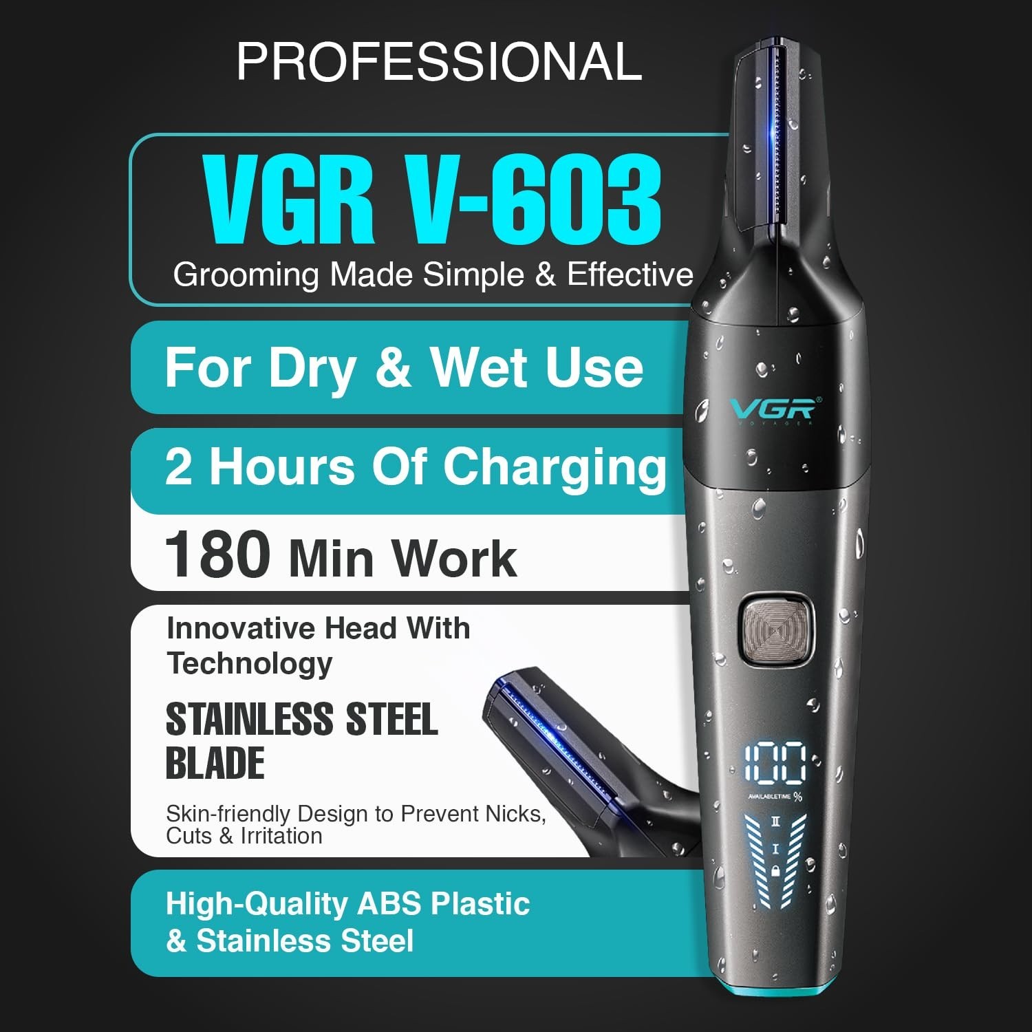 VGR V-603 waterproof trimmer with Type-C charging, LED display, dual-speed