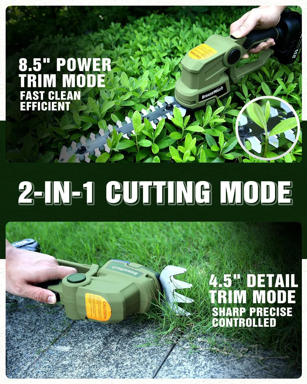 21V Mini Cordless Hedge Trimmer with Battery, Charger and 4.5″/8.5″ Blades | 2-i