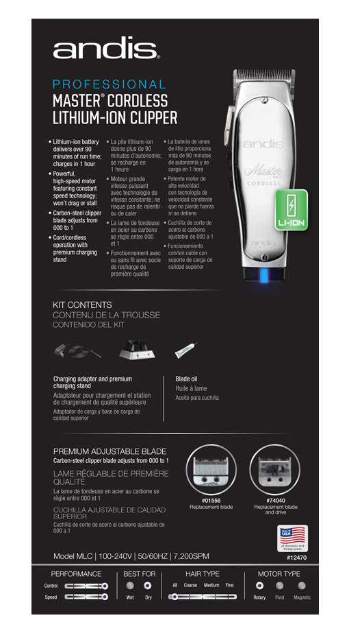 Andis Master Cordless Lithium Ion Clipper MLC Item#12470 120-240V International