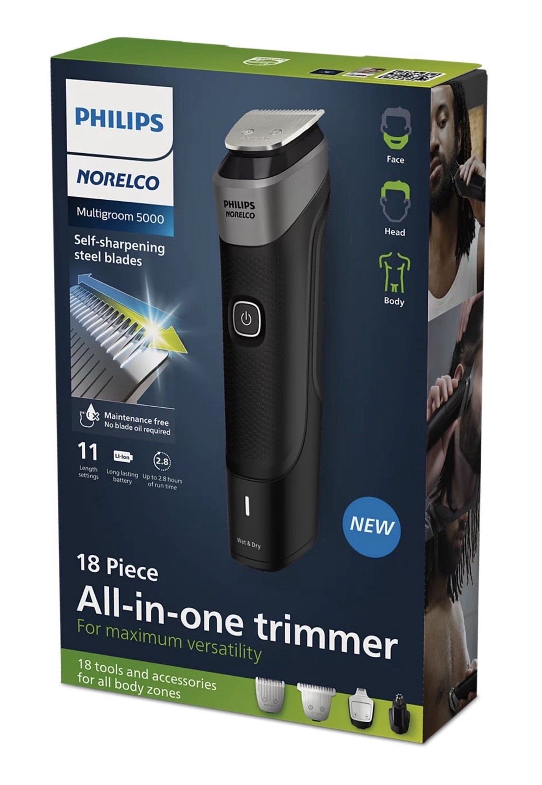 Philips Norelco Multigroom 5000 Trimmer 18pc 11 Lengths Body Face New MG5910