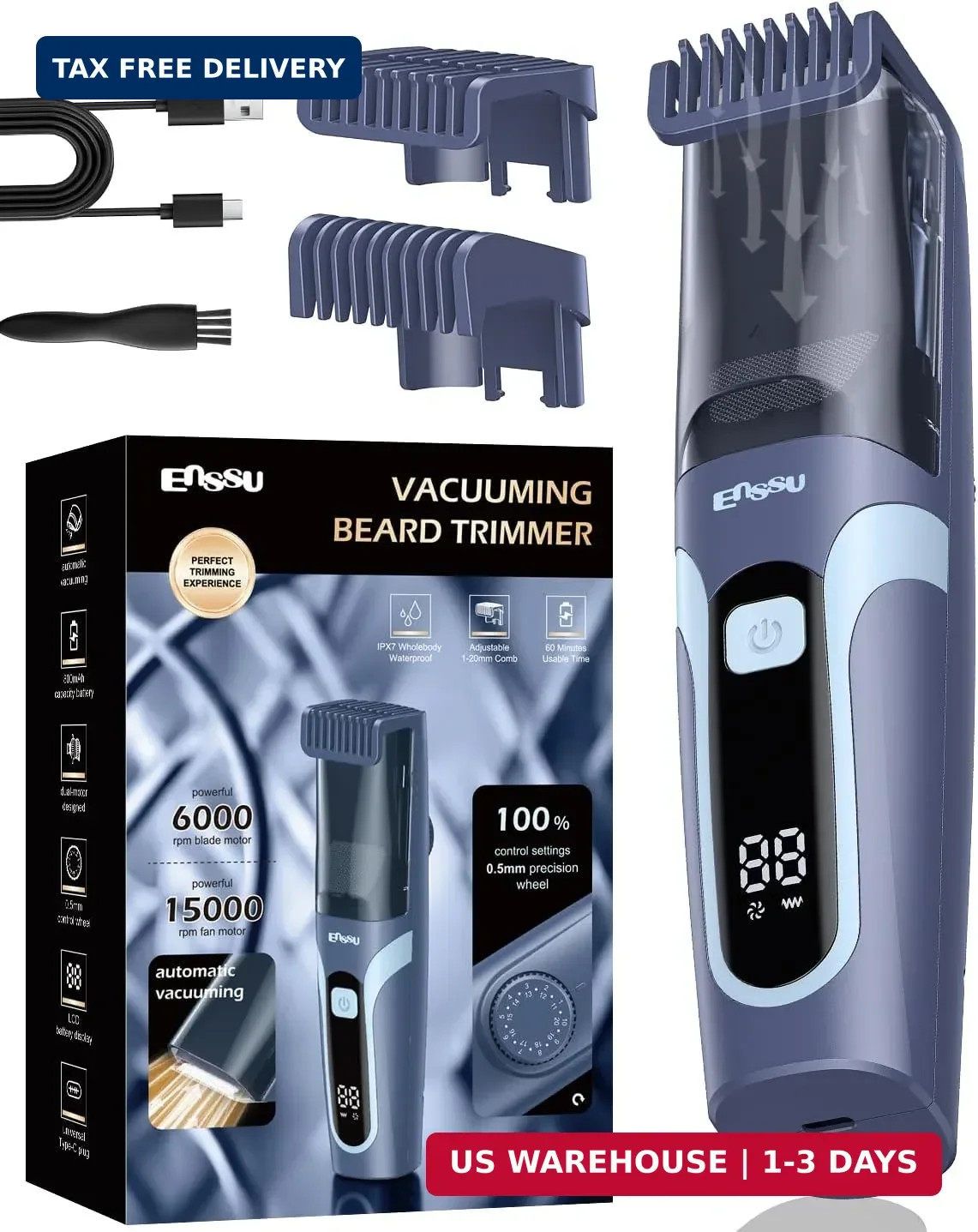 Vaccum Beard Trimmer for Men USB-C Rechargeable,Beard Trimmers with 2 Comb | Ele