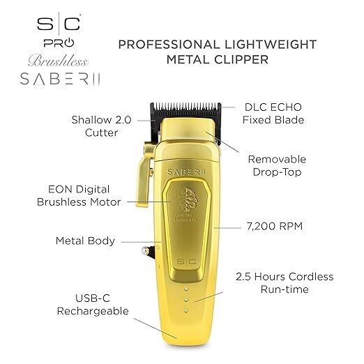 StyleCraft Saber ⅠⅠ Cordless Clipper w/Digital Brushless Motor Gold | SC617M