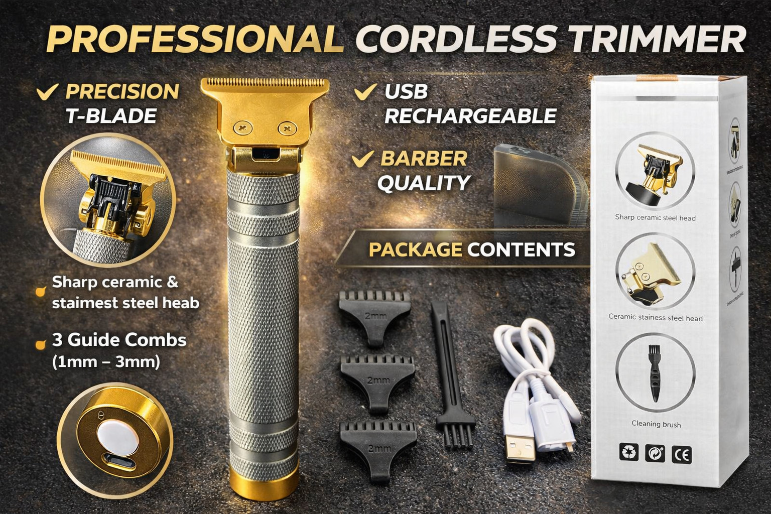 Vintage T9 Gold Beard Trimmer for Men – Cordless Hair Clipper Razor Barber Machi