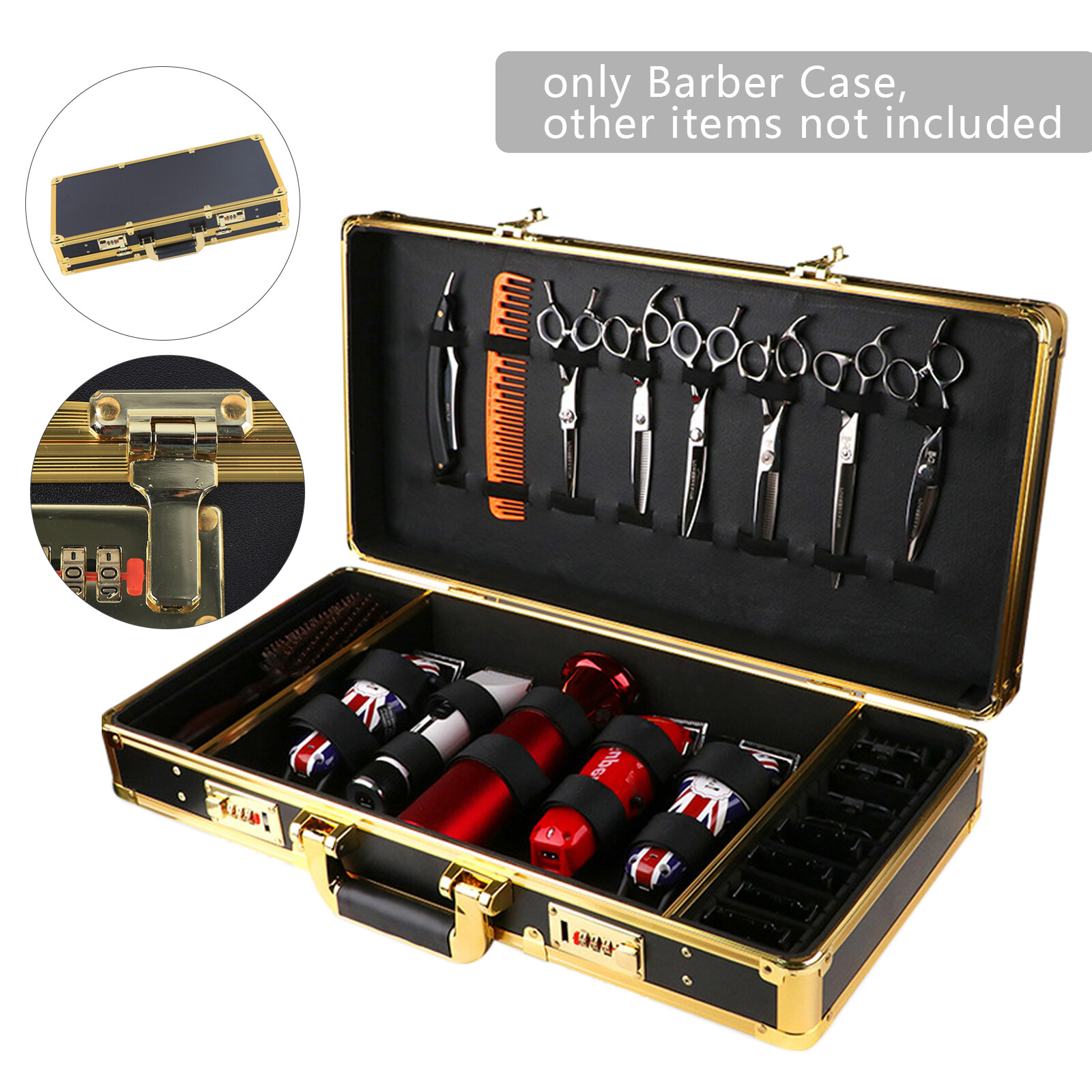Large Barber Carrying Case for Clippers, Trimmers & Tools Black Gold Lock
