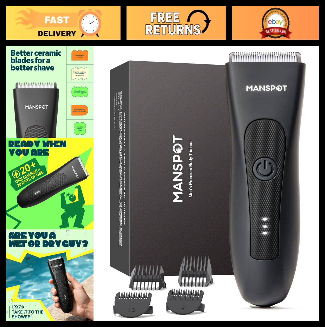 Electric Body Hair Trimmer for Men, Waterproof Groin Shaver with Ceramic Blade,