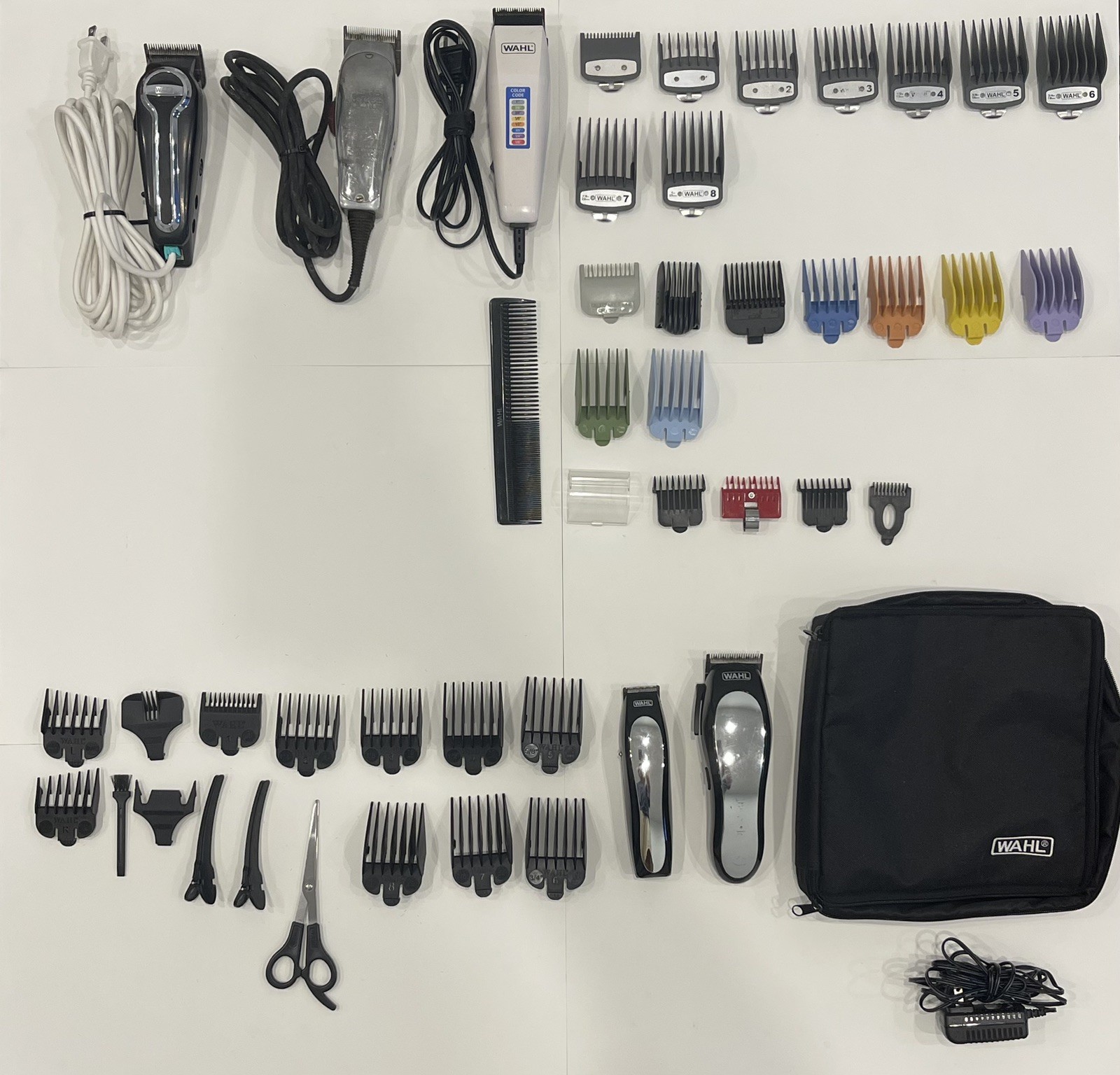 Huge Wahl Hair Clipper Trimmer Lot – 5 Clippers, Metal & Color Guards, Case Comb