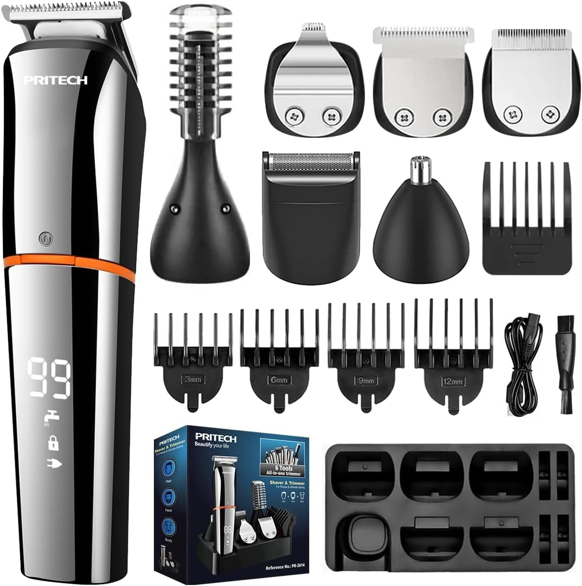 PRITECH 6-in-1 Men’s Grooming Kit: Beard Trimmer, Hair Clipper, Wet/Dry