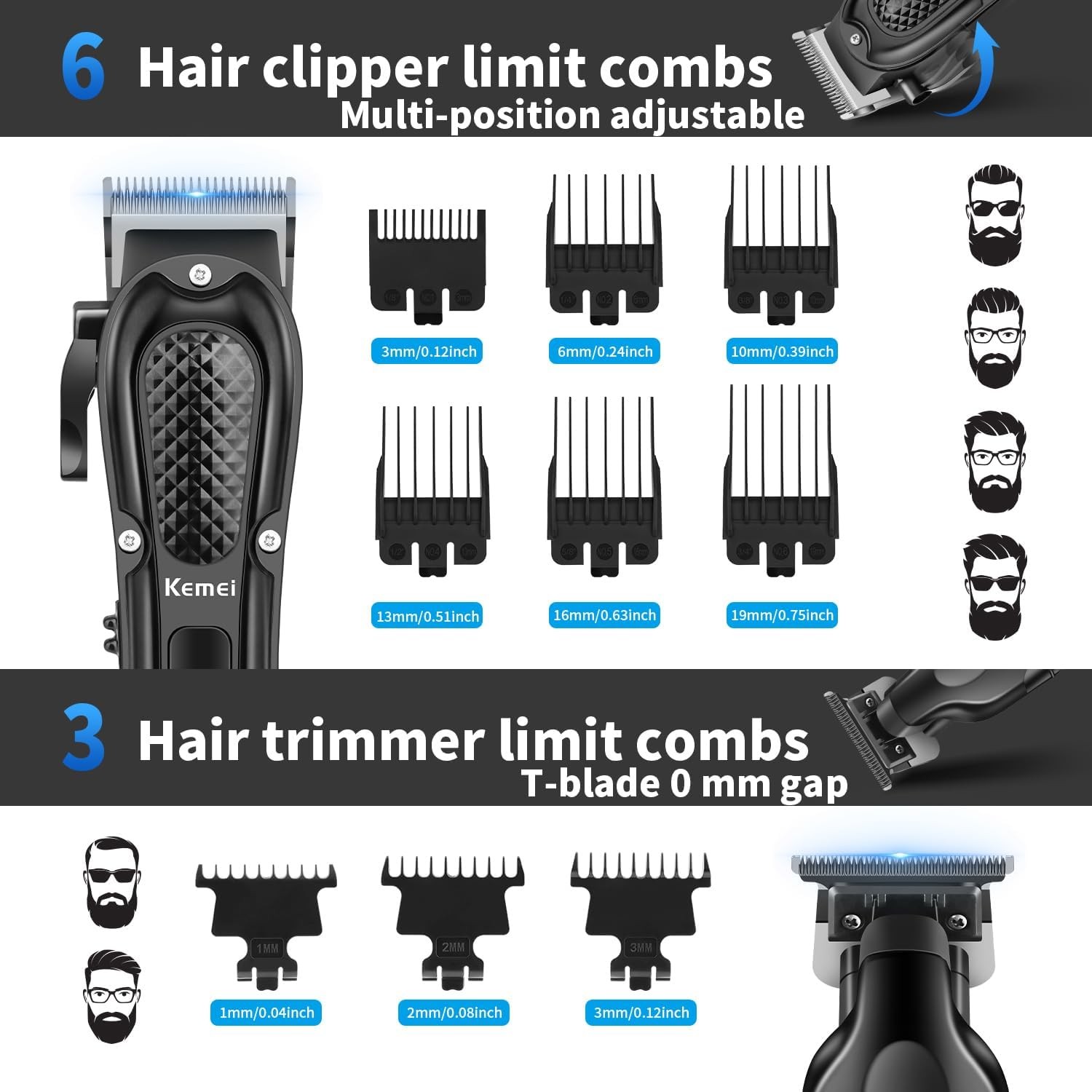 KEMEI Professional Hair Clippers for Men, Cordless Barber Trimmer Rechargeable