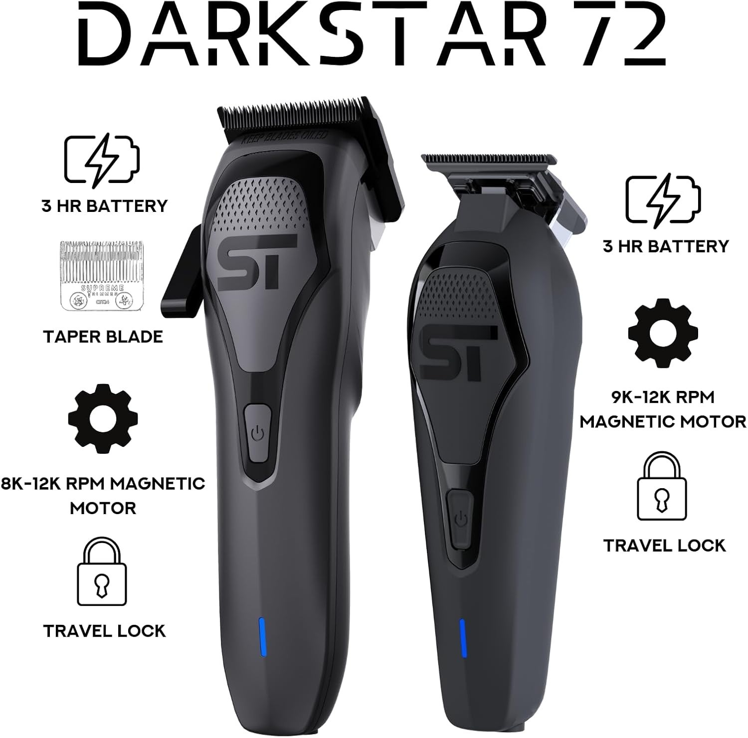 Supreme Trimmer Darkstar 72 Clipper STC72 & Hair Trimmer ST700 Set | Black