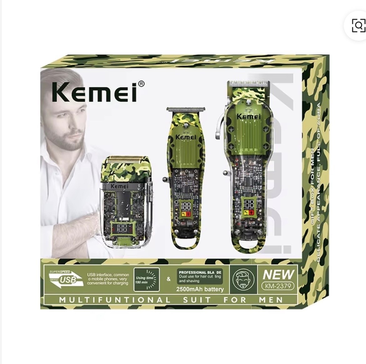 KEMEI professional hair clippers set for men, 17 in 1, transparent camo color