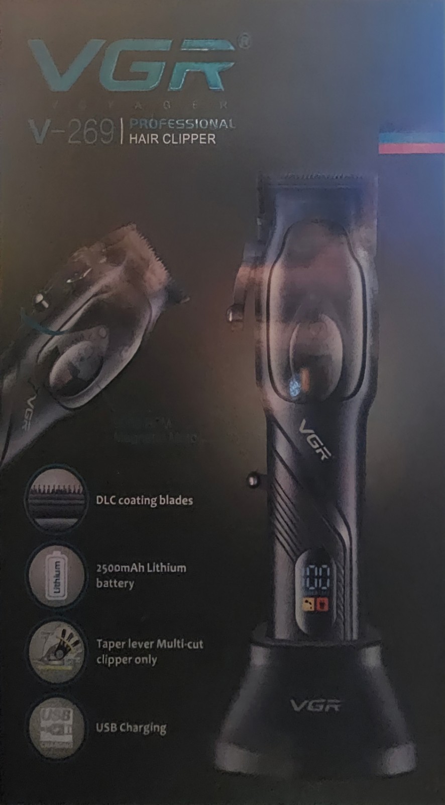 VGR V-269 Cordless Haircutting Kit USB Rechargeable LED, Guards 1.5-6mm