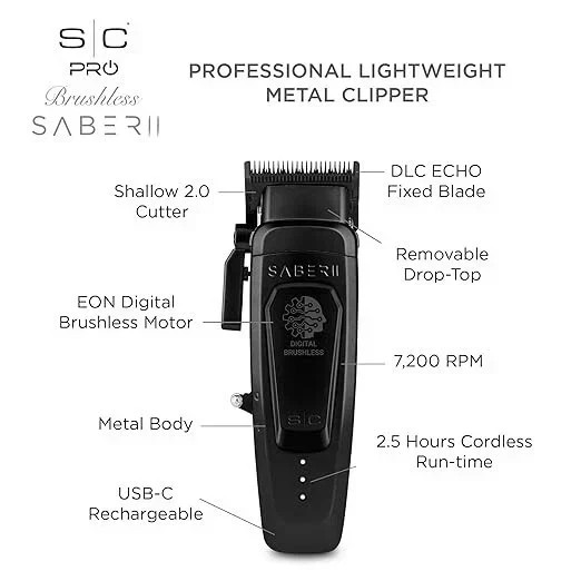 StyleCraft Saber ⅠⅠ Cordless Clipper w/Digital Brushless Motor Black | SC617B