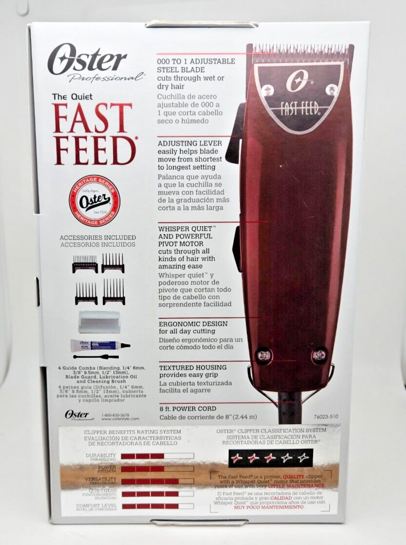 Oster Fast Feed Professional Clipper Adjustable Pivot Motor + 4 Guide Combs