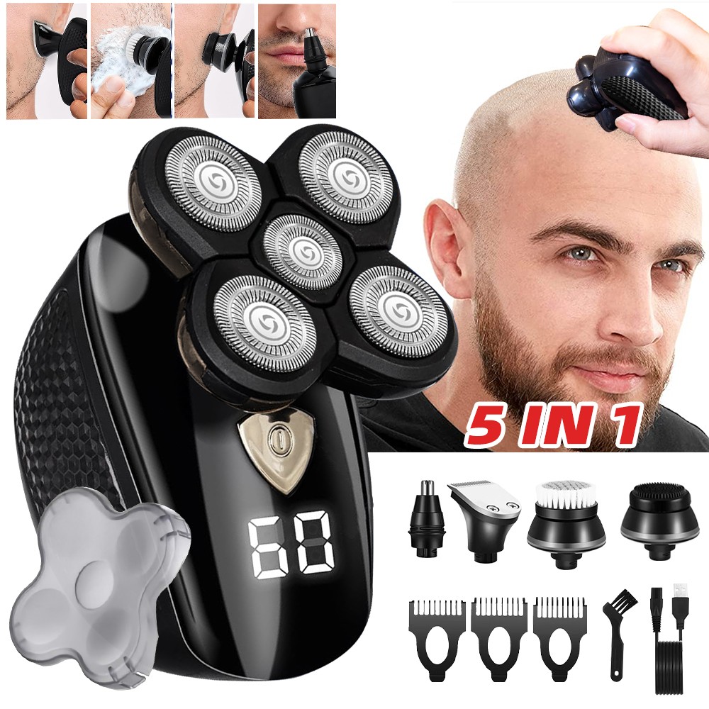 5 IN 1 5D Rotary Electric Shaver Wet&Dry Bald Head Shaver Trimmer Rechargeable