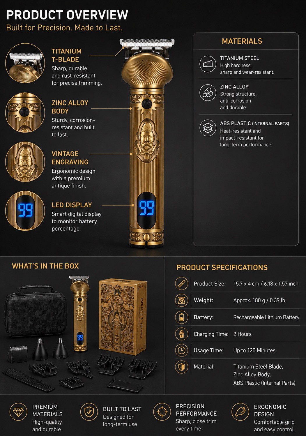 Titanium T-Blade Cordless Trimmer Gold/ Black LED Display Beard Hair Nose 99