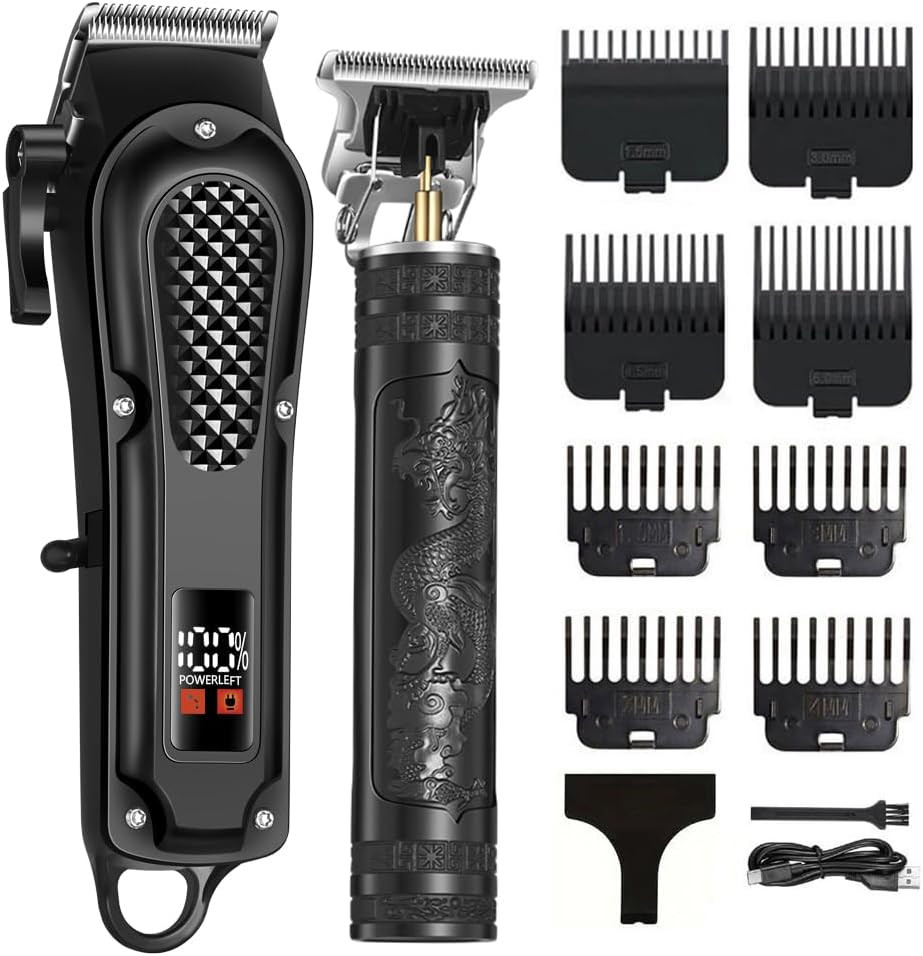 LCD Cordless Hair Clippers for Men, Beard Trimmer & Hair Cutting Kit | 8 Guide C