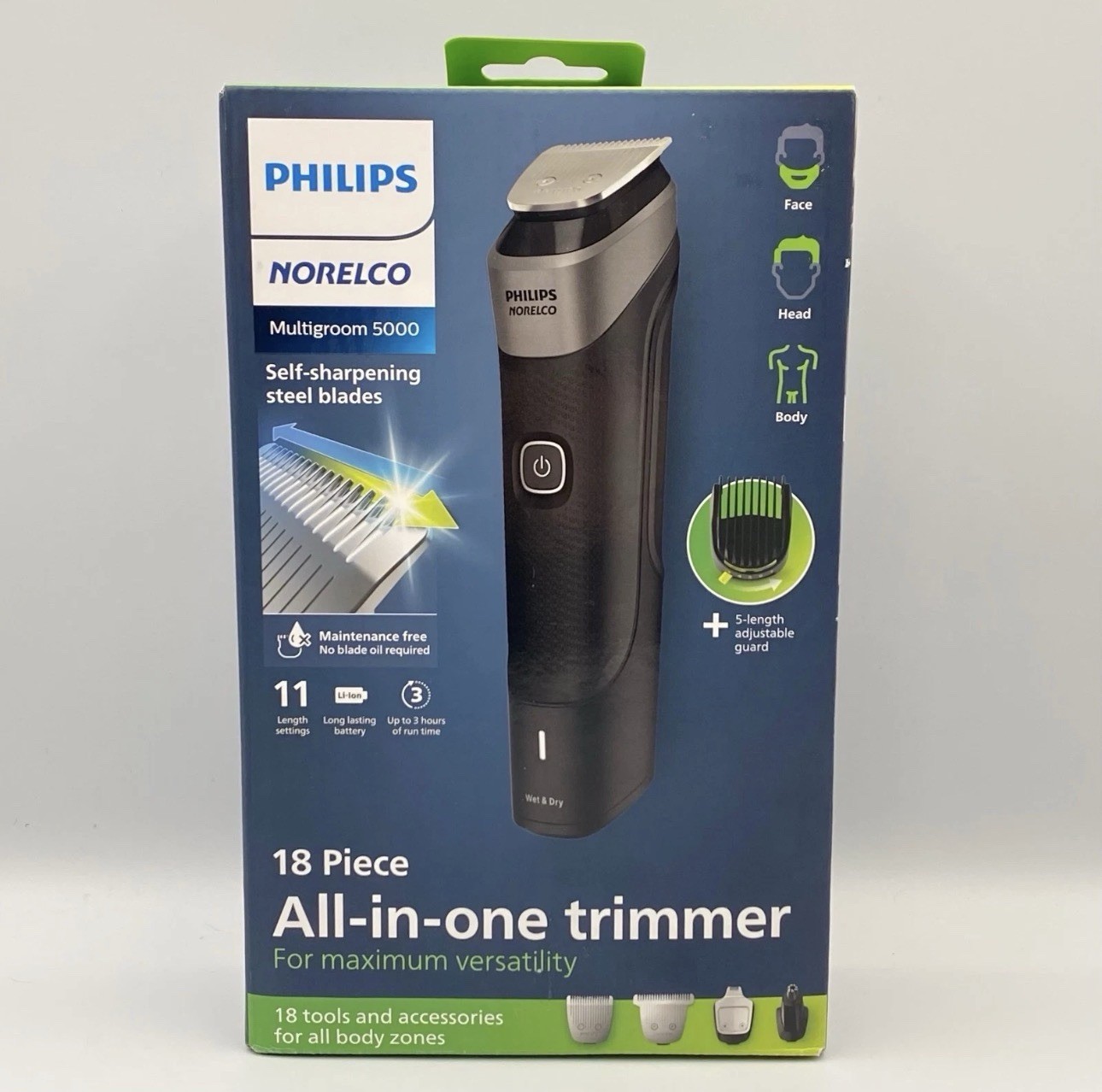 Philips Norelco Multigroom 5000 Trimmer 18pc 11 Lengths Body Face New MG5910