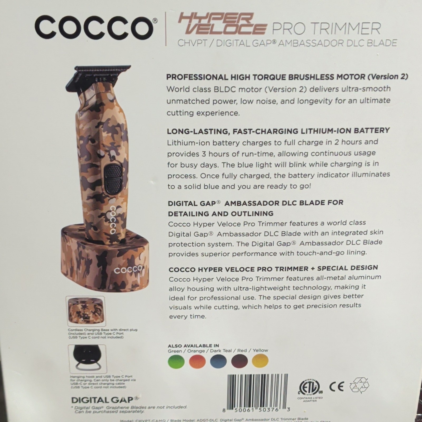 COCCO Hyper Veloce Pro Trimmer Cordless Fast Charge T-Blade Camo CHVPT